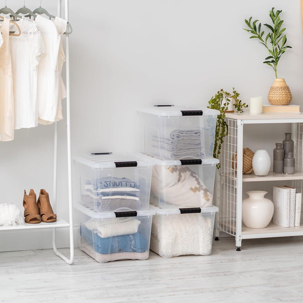 IRIS USA 54 Qt Stackable Plastic Storage Bins with Lids, 6 Pack - BPA-Free, Made in USA - Discreet Organizing Solution, Latches, Durable Nestable Containers, Secure Pull Handle - Pearl