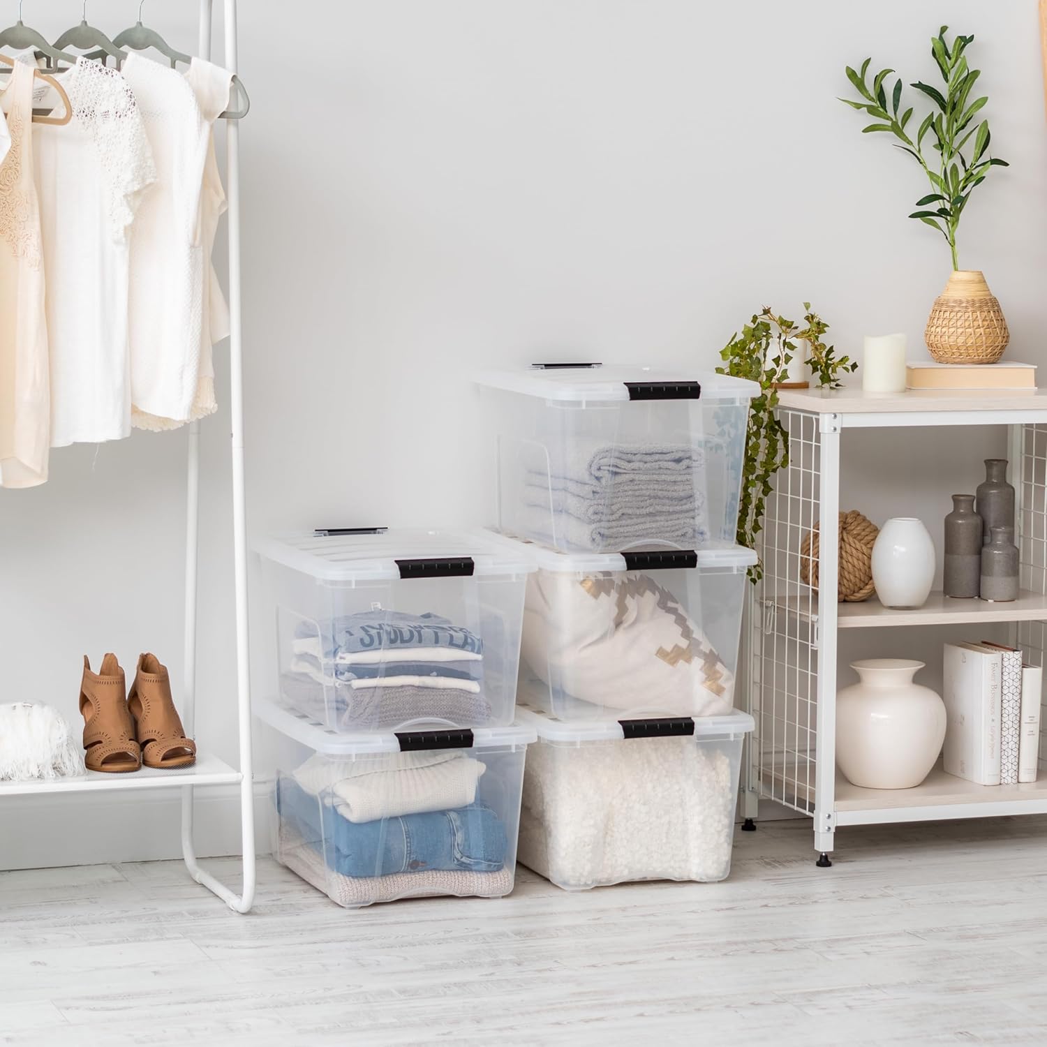 IRIS USA 54 Qt Stackable Plastic Storage Bins with Lids, 6 Pack - BPA-Free, Made in USA - Discreet Organizing Solution, Latches, Durable Nestable Containers, Secure Pull Handle - Pearl