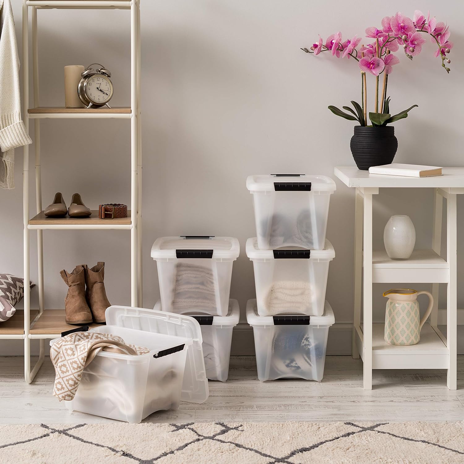 IRIS USA 54 Qt Stackable Plastic Storage Bins with Lids, 6 Pack - BPA-Free, Made in USA - Discreet Organizing Solution, Latches, Durable Nestable Containers, Secure Pull Handle - Pearl