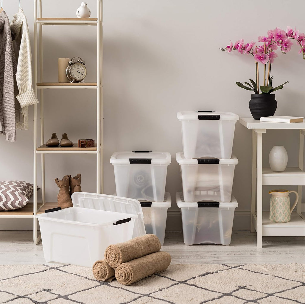 IRIS USA 54 Qt Stackable Plastic Storage Bins with Lids, 6 Pack - BPA-Free, Made in USA - Discreet Organizing Solution, Latches, Durable Nestable Containers, Secure Pull Handle - Pearl